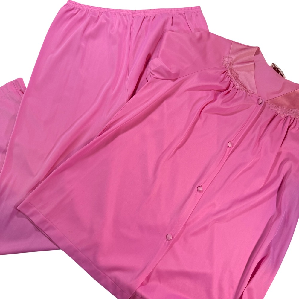 Vintage Vanity Fair Pajama Set Womens XL Pink Lace Trim Button Front Top Lounge